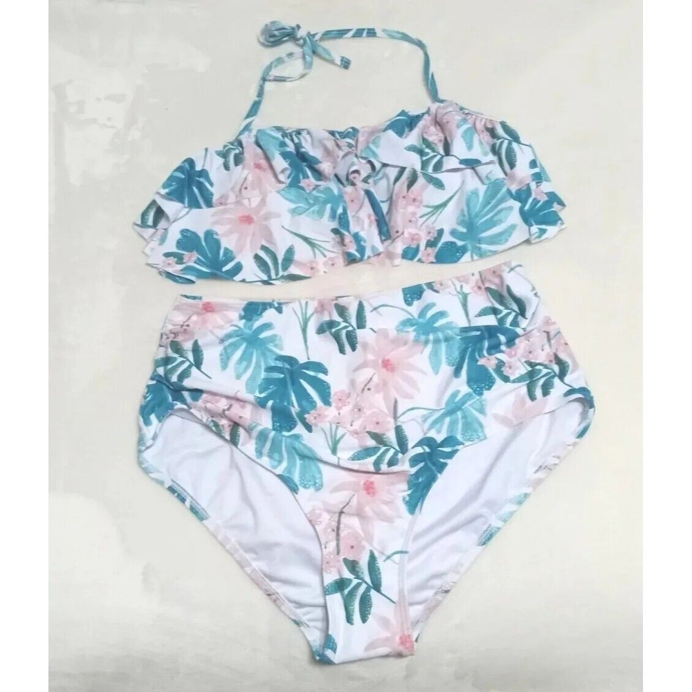 Women's 2 Piece Floral High Waisted Bottom & Halter Top Swim Suit Size Medium